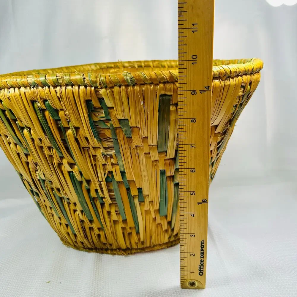 Vintage Handmade Grass Woven Basket waste bin planter trash MCM
